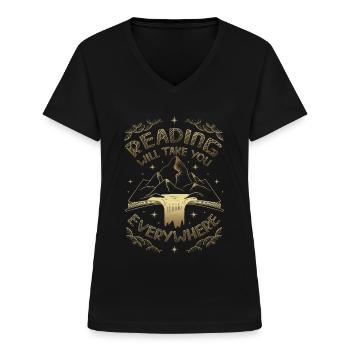 La lecture vous emmène partout, la lecture d’un livre. - T-shirt col V Femme - noir - Devant - Lela (165cm)