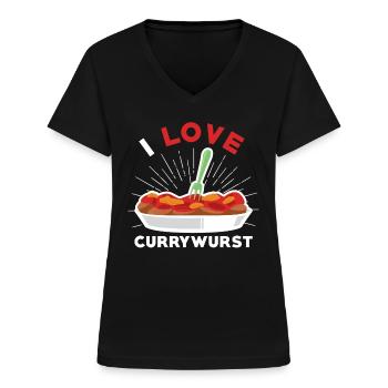 La saucisse au curry J’aime la saucisse au curry - T-shirt col V Femme - noir - Devant - Lela (165cm)