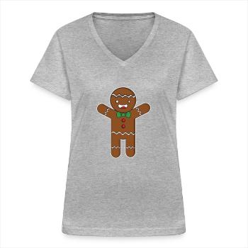 Lebkuchenmann - Frauen-T-Shirt mit V-Ausschnitt - Grau meliert - Vorne - Lela (165cm)