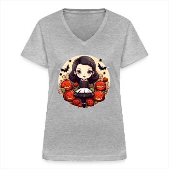 Halloween Mädchen Kürbis Fledermaus - Frauen-T-Shirt mit V-Ausschnitt - Grau meliert - Vorne - Lela (165cm)