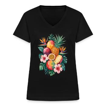 Tropische Frucht Oase mit Hibiskus und - Frauen-T-Shirt mit V-Ausschnitt - Schwarz - Vorne - Lela (165cm)