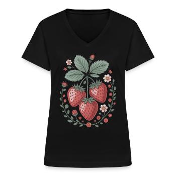 Fraises gaies avec décoration florale - T-shirt col V Femme - noir - Devant - Lela (165cm)