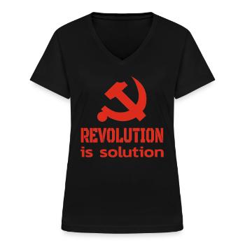 La révolution est la solution du slogan communiste - T-shirt col V Femme - noir - Devant - Lela (165cm)