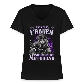 Motorradfahrerin - Bikerin / Motrorradfahrer - Frauen-T-Shirt mit V-Ausschnitt - Schwarz - Vorne - Lela (165cm)