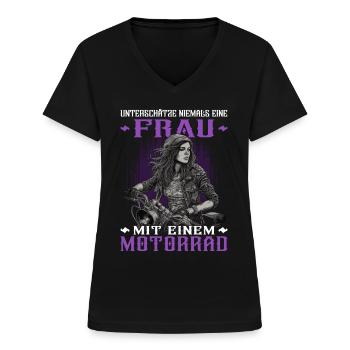 Motorradfahrerin - Bikerin / Bikerfrau - Frauen-T-Shirt mit V-Ausschnitt - Schwarz - Vorne - Lela (165cm)