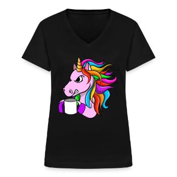 Angry Unicorn With Coffee - Women's V-neck T-shirt - black - Front - Lela (165cm)
