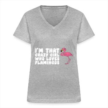 Drôle de flamant rose - T-shirt col V Femme - gris chiné - Devant - Lela (165cm)