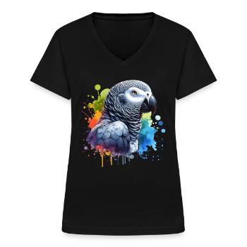 Graupapagei Motiv - Frauen-T-Shirt mit V-Ausschnitt - Schwarz - Vorne - Lela (165cm)