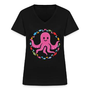 lustiger Oktopus im bunten Fischekreis - Frauen-T-Shirt mit V-Ausschnitt - Schwarz - Vorne - Lela (165cm)