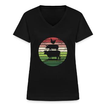 Bauernhof Tiere Kuh Rind Schwein Huhn Hahn Farmer - Frauen-T-Shirt mit V-Ausschnitt - Schwarz - Vorne - Lela (165cm)