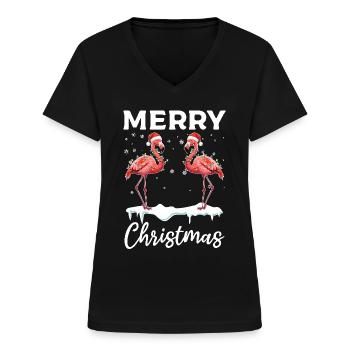 Merry Christmas - Pink Flamingo Flamingo Lover - Frauen-T-Shirt mit V-Ausschnitt - Schwarz - Vorne - Lela (165cm)