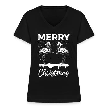 Merry Christmas - Flamingo Lover Pink Flamingo - Frauen-T-Shirt mit V-Ausschnitt - Schwarz - Vorne - Lela (165cm)