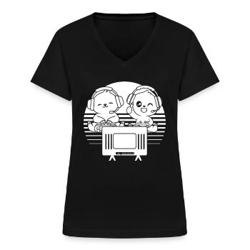 Video Gaming Sloth Gaming Funny Gaming Sloth - Frauen-T-Shirt mit V-Ausschnitt - Schwarz - Vorne - Lela (165cm)