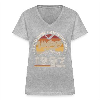 1997 Geschenk zum 28-jährigen Jubiläum 1997 Jahrgang 1997 - Frauen-T-Shirt mit V-Ausschnitt - Grau meliert - Vorne - Lela (165cm)