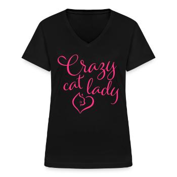 dame folle de chat - T-shirt col V Femme - noir - Devant - Lela (165cm)