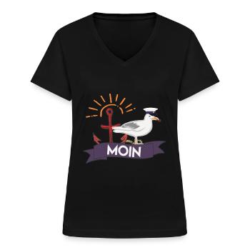 Moin Tshirt mit Möve für Nordlichter und Hamburger - Frauen-T-Shirt mit V-Ausschnitt - Schwarz - Vorne - Lela (165cm)