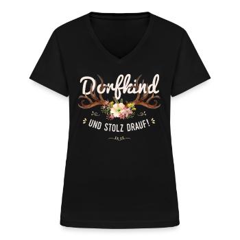 Dorfkind und stolz drauf Hirsch Blumen Spruch - Frauen-T-Shirt mit V-Ausschnitt - Schwarz - Vorne - Lela (165cm)