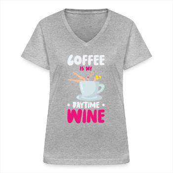 Kaffee Koffein Weintrinken Kaffeesüchtig - Frauen-T-Shirt mit V-Ausschnitt - Grau meliert - Vorne - Lela (165cm)