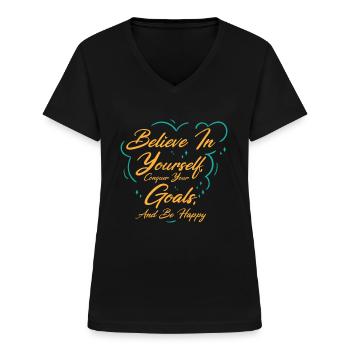 Goal Life Quotes Happy Positive Message - T-shirt col V Femme - noir - Devant - Lela (165cm)