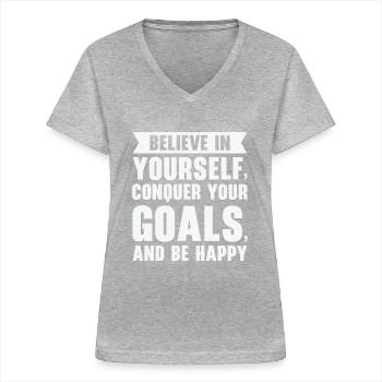 Goal Life Quotes Happy Positive Message - T-shirt col V Femme - gris chiné - Devant - Lela (165cm)
