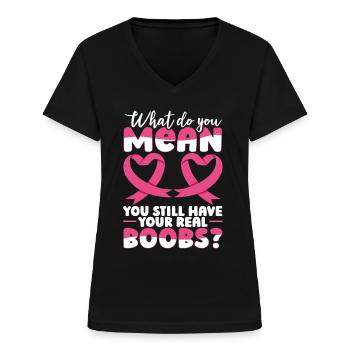 Brustkrebs-Pin Brustkrebs-Bewusstseinswoche - Frauen-T-Shirt mit V-Ausschnitt - Schwarz - Vorne - Lela (165cm)