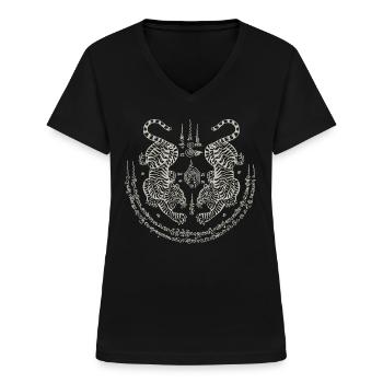 Sak Yant Thai Tattoo Twin Tiger Muay Thai Geschenk - Frauen-T-Shirt mit V-Ausschnitt - Schwarz - Vorne - Lela (165cm)