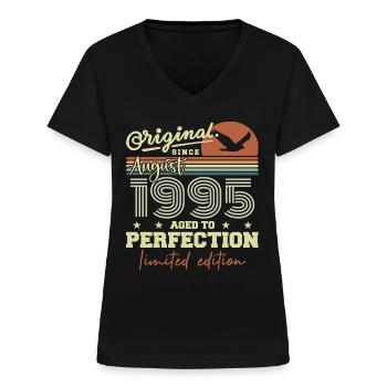 Août 1995 Anniversaire Août 1995 Vintage Août 1995 - T-shirt col V Femme - noir - Devant - Lela (165cm)