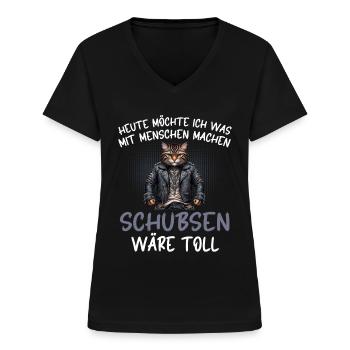 Heute Möchte Ich Menschen Schubsen Katze - Frauen-T-Shirt mit V-Ausschnitt - Schwarz - Vorne - Lela (165cm)