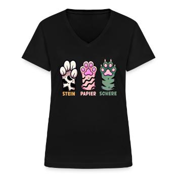 Cat Stone Paper Scissors Paw Game Funny - Women's V-neck T-shirt - black - Front - Lela (165cm)