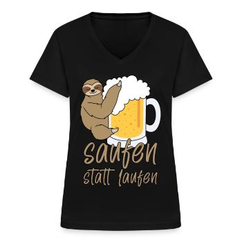 Saufen statt Laufen lustiger Spruch Faultier Bier - Frauen-T-Shirt mit V-Ausschnitt - Schwarz - Vorne - Lela (165cm)