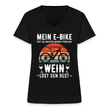 Mein EBike löst die meisten Probleme Wein den Rest - Frauen-T-Shirt mit V-Ausschnitt - Schwarz - Vorne - Lela (165cm)