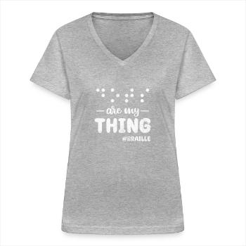 Braille - T-shirt col V Femme - gris chiné - Devant - Lela (165cm)