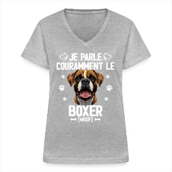 Parler Le Boxer Cadeau Humour Chien Boxer - T-shirt col V Femme - gris chiné - Devant - Lela (165cm)