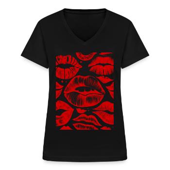 Bold Red Lips Pattern Stylish Art Sensual Lipstick - Women's V-neck T-shirt - black - Front - Lela (165cm)