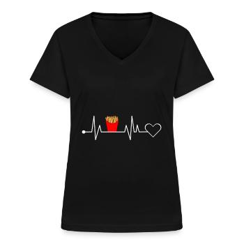 Pommes Frites Fritten Tüte Fast Food Herzschlag - Frauen-T-Shirt mit V-Ausschnitt - Schwarz - Vorne - Lela (165cm)