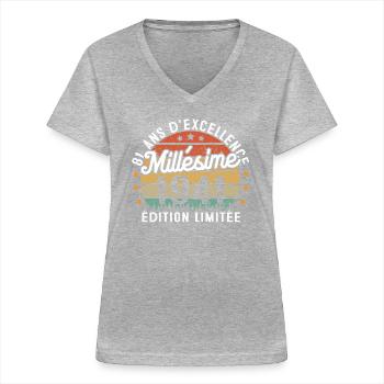 Cadeau d'anniversaire 81 Ans Millésime 1941 - T-shirt col V Femme - gris chiné - Devant - Lela (165cm)