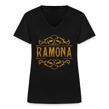 Ramona - Frauen-T-Shirt mit V-Ausschnitt - Schwarz - Vorne - Lela (165cm)