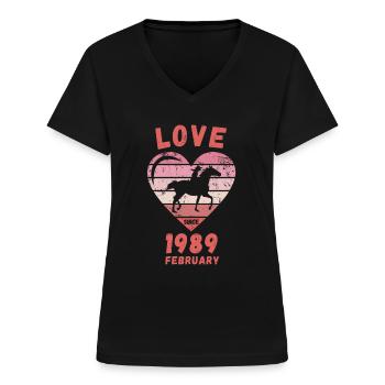 Love Horse Riding Birthday Février 1989 - T-shirt col V Femme - noir - Devant - Lela (165cm)