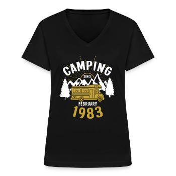 Anniversaire: Camping depuis février 1983 Camping-car - T-shirt col V Femme - noir - Devant - Lela (165cm)
