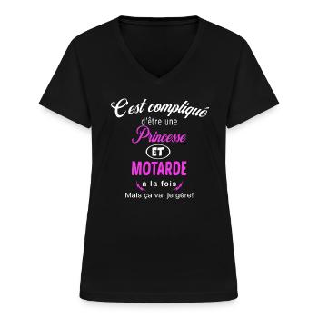 c'est compliqué princesse et motarde - T-shirt col V Femme - noir - Devant - Lela (165cm)