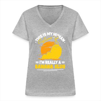 Ceci est mon costume humain Banana Slug - T-shirt col V Femme - gris chiné - Devant - Lela (165cm)