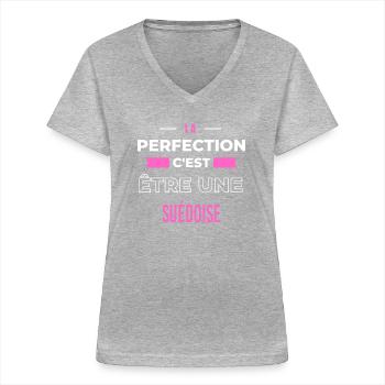 La perfection, c'est être une Suédoise - T-shirt col V Femme - gris chiné - Devant - Lela (165cm)