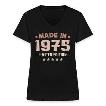 Made In 1975 Cadeau Anniversaire 1975 Vintage 1975 - T-shirt col V Femme - noir - Devant - Lela (165cm)