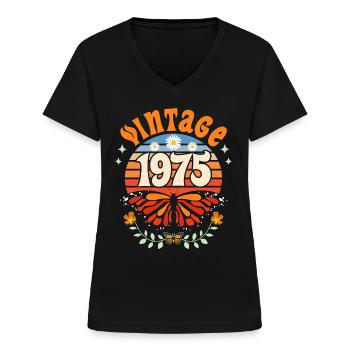 Vlinder jaar 1975 Vrouw 50 jaar jubileum - Vrouwen T-shirt met V-hals - zwart - Voor - Lela (165cm)