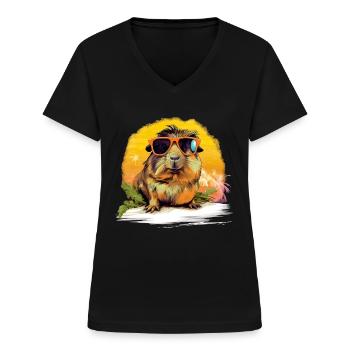 Niedliches Meerschweinchen Chilt mit Sonnenbrille - Frauen-T-Shirt mit V-Ausschnitt - Schwarz - Vorne - Lela (165cm)