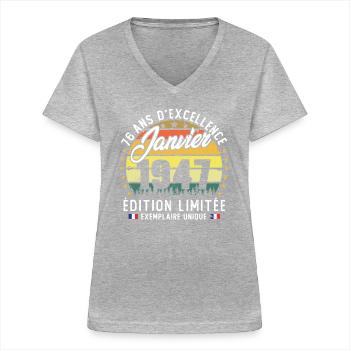 Vintage Cadeau Anniversaire 76 Ans Janvier 1947 - T-shirt col V Femme - gris chiné - Devant - Lela (165cm)