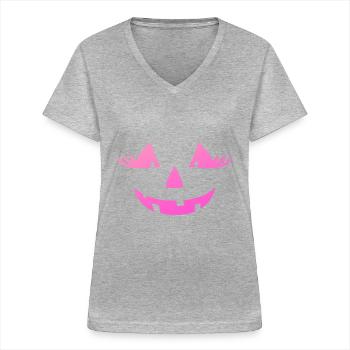Citrouille rose mignonne Jack O Lanterne Halloween - T-shirt col V Femme - gris chiné - Devant - Lela (165cm)