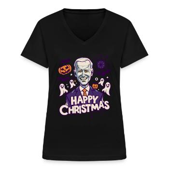 Joyeux Noël Joe Biden Drôle Halloween - T-shirt col V Femme - noir - Devant - Lela (165cm)