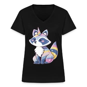 Niedliches Waschbär-Einhorn, pastellfarbenes Regenbogen-Tierdesign - Frauen-T-Shirt mit V-Ausschnitt - Schwarz - Vorne - Lela (165cm)