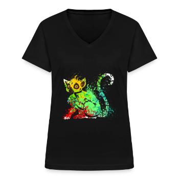 Splash Art Ringtail Maki Madagascar lémuriens - T-shirt col V Femme - noir - Devant - Lela (165cm)